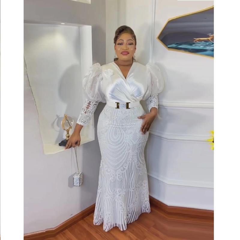 レディース ファッション ドレス 南米 アフリカ 民族系 クリスマス 婦人服 レース パーティー イブニングドレス ロング スカート パフスリーブ