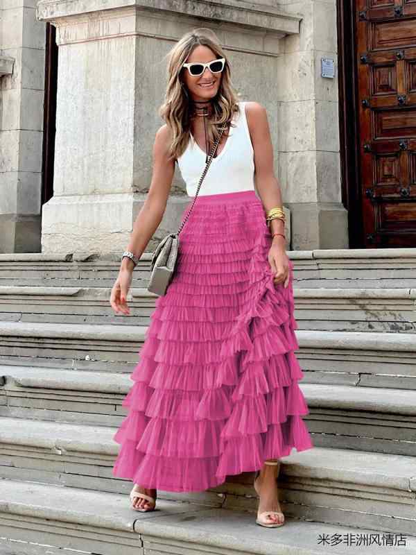 レディース ファッション レディース フレンチ ロング スカート 秋 アメリカン 無地 ハイウエスト メッシュ ケーキスカート パフィースカート ドレススカート