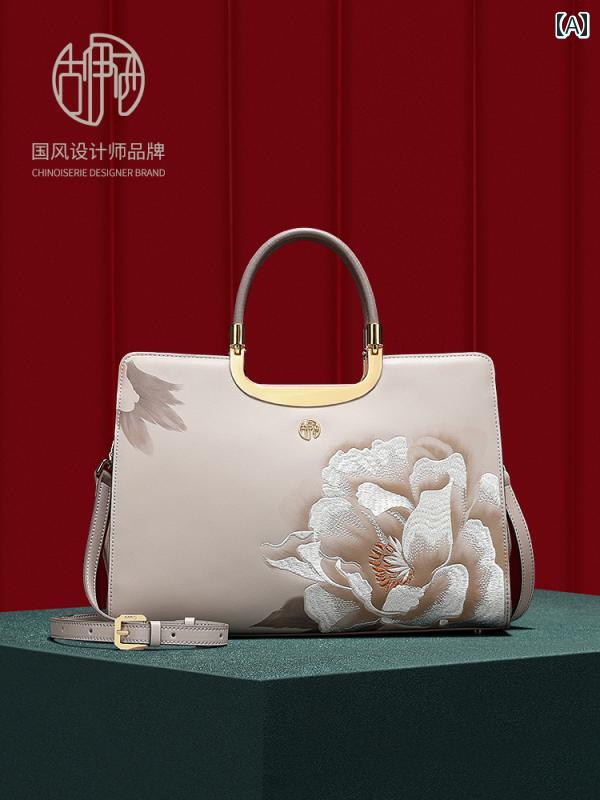 ハンドバッグ おしゃれ レディース 牛二層皮 ジッパー 横長正方形 エスニック 牛革 チャイナ風 レディ..