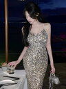 イブニングドレス 誕生日 ディナー 輝く スパンコール キラキラ サスペンダー ドレス 軽量 ドレス 淑女 ヒップ 包み込む フィッシュテール スカート ワンピース レディース