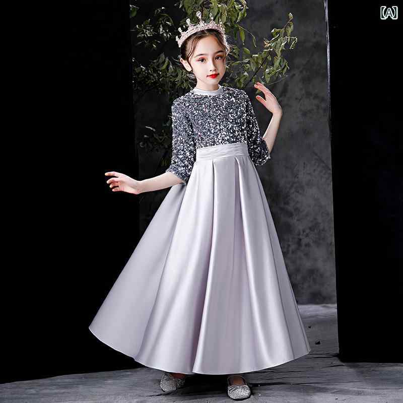 子供服 女の子 プリンセス ドレス チャイナ風 ファッション オールシーズン プリーツ ロング スカート イブニング ドレス 七分丈 袖