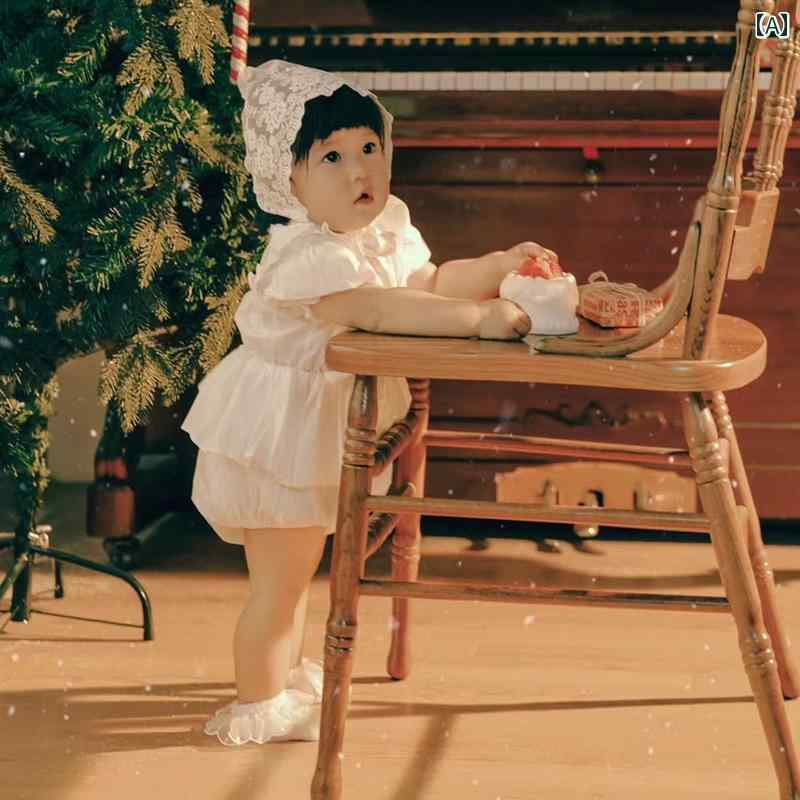 赤ちゃん ベビー フォト ドレス 小道具 服 写真撮影 レトロ スタジオ 衣装 かわいい おしゃれ シンプル レース 帽子 靴下 ジャンプスーツ 2