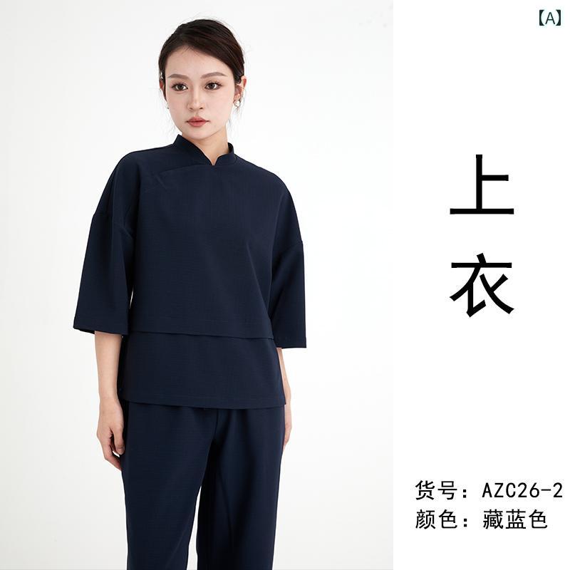 ユニセックス メンズ レディース兼 仕事着 制服 作業着 Tシャツ トップス ボトムス パンツ 半袖 ネイビー 9分丈 中国 ウェイター