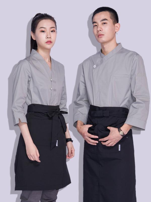 中華店 制服 ユニセックス メンズ レディース兼 仕事着 制服 作業着 シャツ トップス エン 前掛け 中国 ウェイター グレー