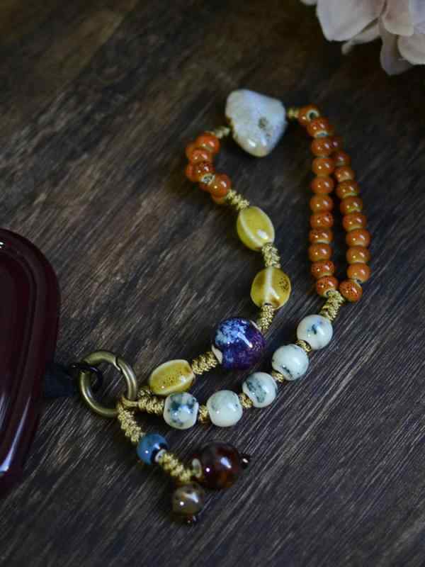 レディース アクセサリー ゴールデン ウィング イチョウ 中国風 セラミック 編組 ヘビー ビーズ 携帯電話 チェーン ケース ホルダー ストラップ