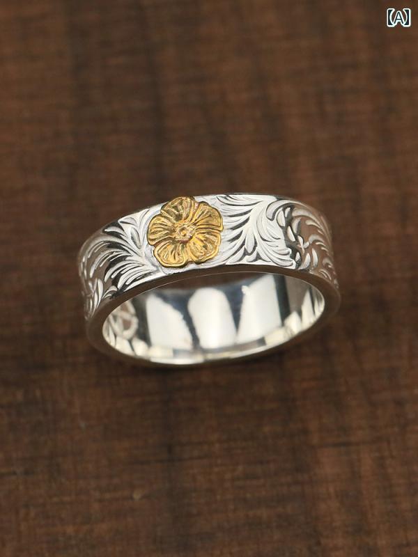 指輪 シルバー925 レトロ ゴールド ローズフラワー アクセサリー フラット リング アンティーク 加工 メンズ メンズ ワンポイント ファッション アイテム 装飾品