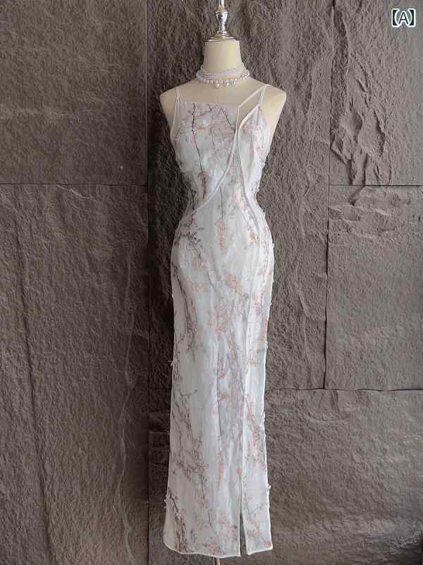 China Dress - チャイナドレス レディース かわいい オールシーズン レトロ ハイウエスト プルオーバー Aライン ロング スカート ノースリーブ