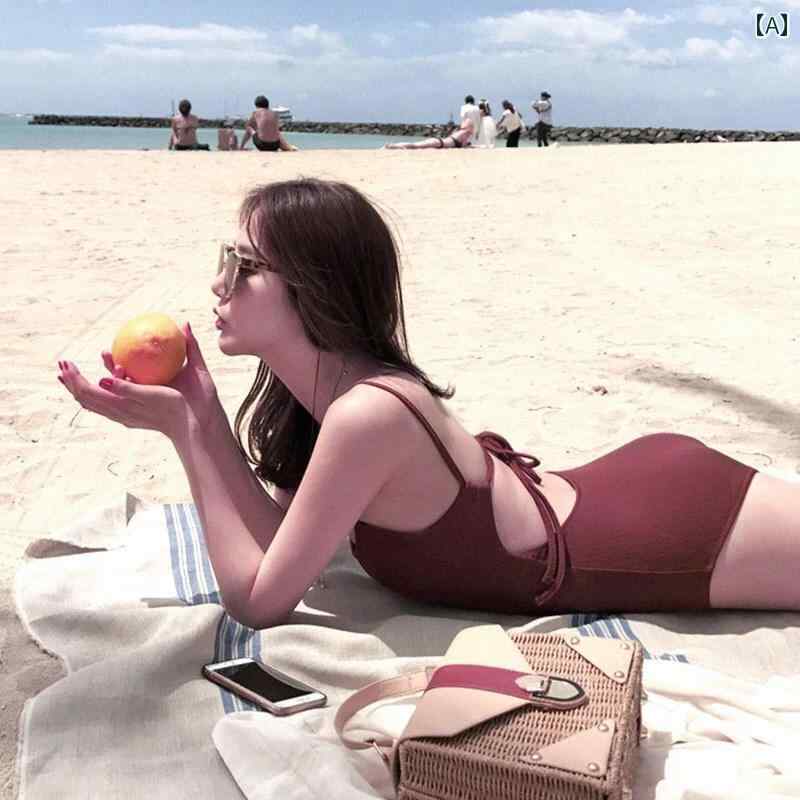 水着 レディース フレンチ レトロ レッド サスペンダー レディース ワンピース ガール 背中 開き シンプル 無地 バック ストラップ 温泉 プール
