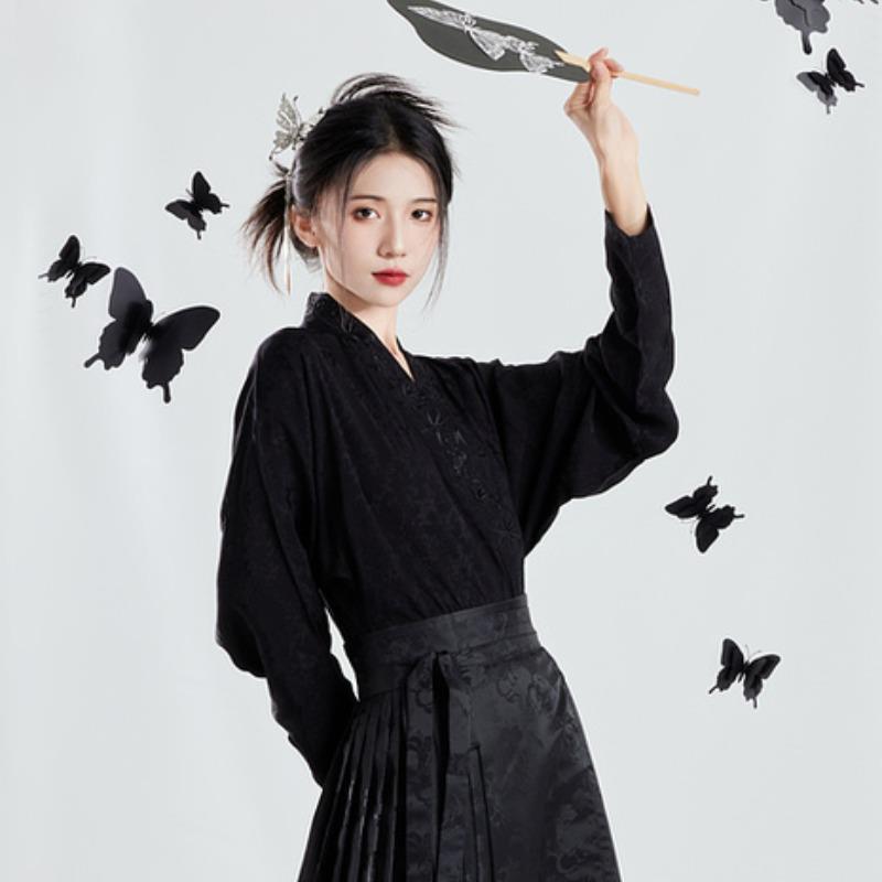 レディース ファッション 秋 レトロ チャイナ風 ゴールド スカート スーツ 漢服 黒 シャツ トップス セットアップ レディース