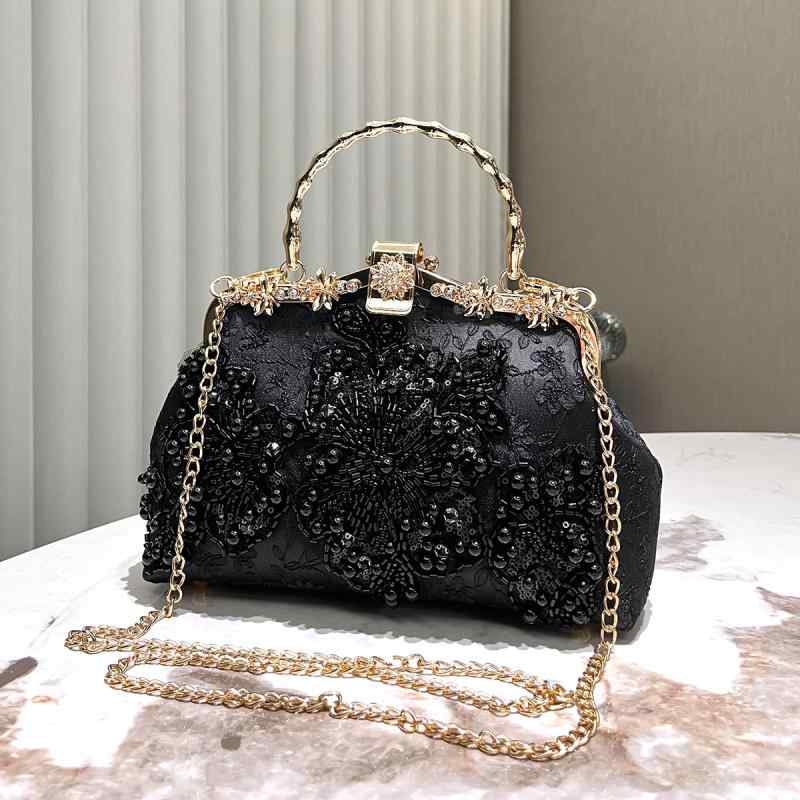 Other - バッグ レディース かわいい おしゃれ レトロ 刺繍 ビーズ ハンドバッグ レディース ブラック チャイナ バッグ クロス ボディ ハンドヘルド パールス モール ハンドバッグ