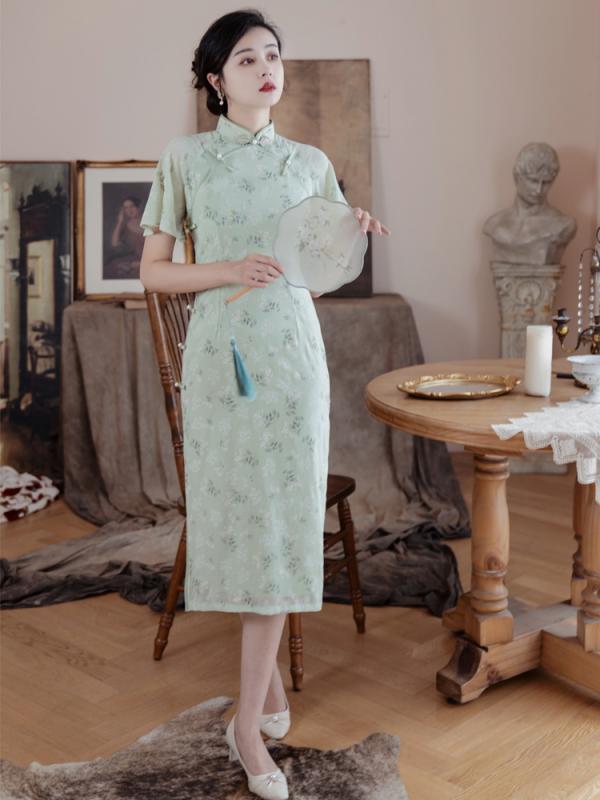 レディース 婦人服 ワンピース ドレス レトロ ウエストマーク フリル シフォン 中国 チャイナドレス風