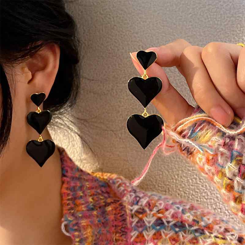 ピアス 新 塗装 オイル 黒 ピーチ ハート ロング ピアス 韓国 レトロ エナメル 愛 925 シルバー ニード..