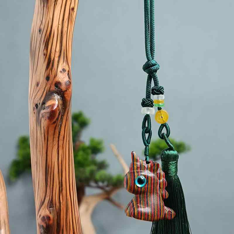 ペンダント 中国風 アクセサリー レトロ 虹 木彫り ユニコーン かわいい ジュエリー 車 バックミラー ..