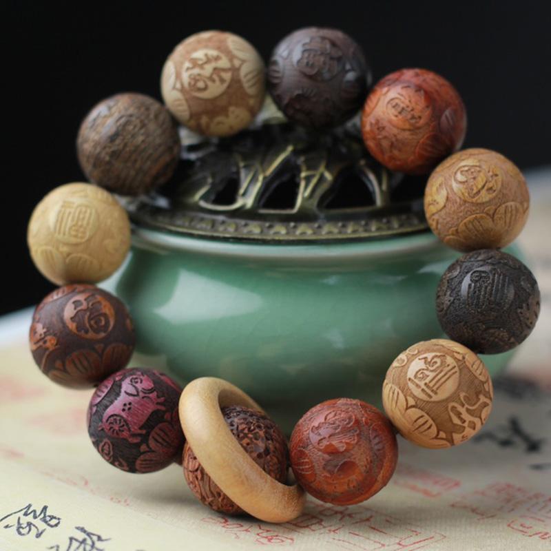 数珠 中国風 アクセサリー 12干支 マルチ ビーズ ブレスレット ランニング リング ローズウッド マホガニー ブレスレット メンズ レディース 木 文化 仏教 ビーズ