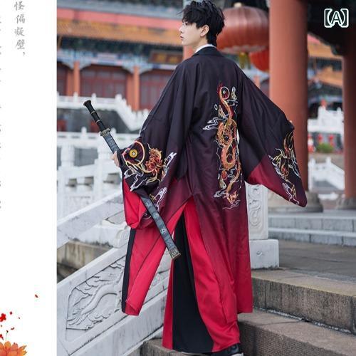 검사 코스프레 무대 의상 한복 큰 사이즈 맨즈 드래곤 무늬 자수 페어리 맨즈 무술 레트로 폴리에스테르 클래스 유니폼 데일리 가을 그라데이션