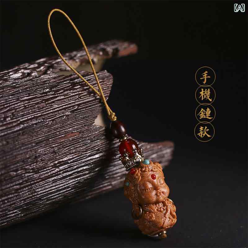 中国風 アクセサリー 装飾品 サンダルウッド DIY 彫刻 立体 携帯電話 チェーン グリーン キーホルダー メンズ レディース ペンダント
