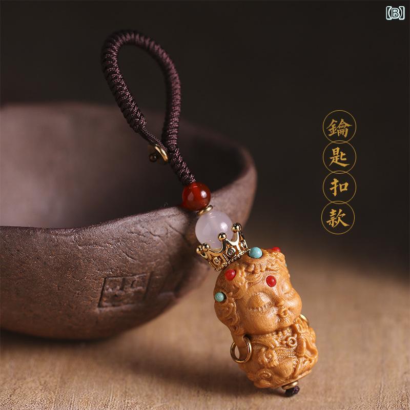 中国風 アクセサリー 装飾品 サンダルウッド DIY 彫刻 立体 携帯電話 チェーン グリーン キーホルダー メンズ レディース ペンダント