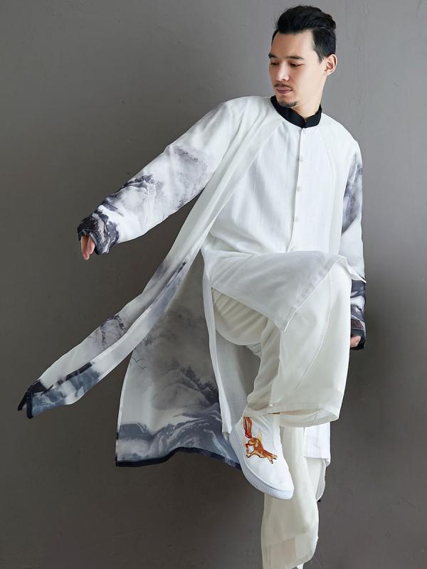 チャイナ風 メンズ 綿 リネン メンズ ソリッドカラー スタンドカラー シフォン ガウン レトロ 新 唐スーツ 瞑想 漢服(4)