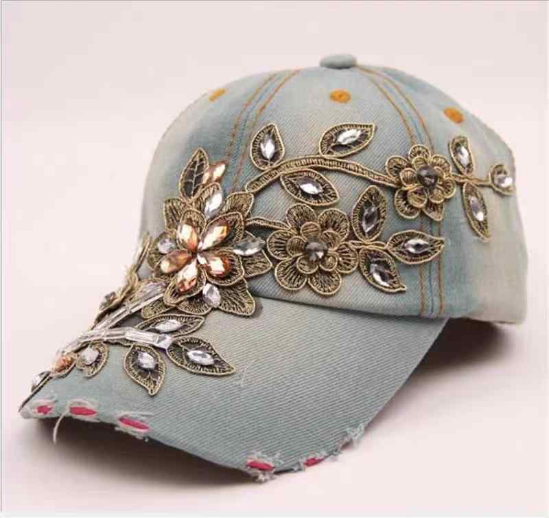ベースボール キャップ 帽子 レディースが ゴールド フラワー デニム アウトドア サンシェード ピーク..