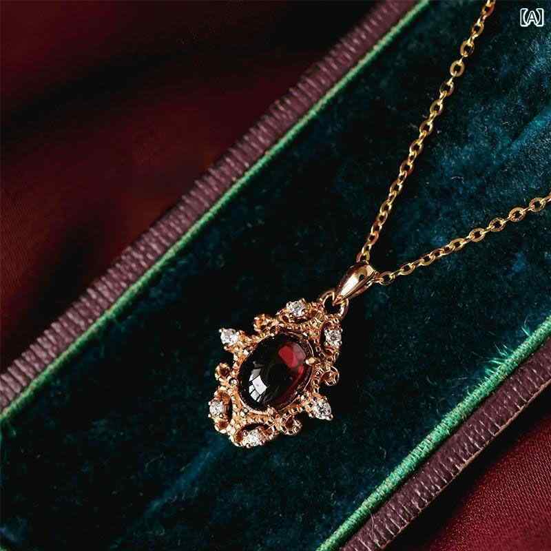 Cubic Zirconia - ペンダント ガーネット カラー ストーン ネックレス ペンダント 首飾り チェーン ヴィンテージ風 レトロ ジュエリー レディース アクセサリー オールシーズン