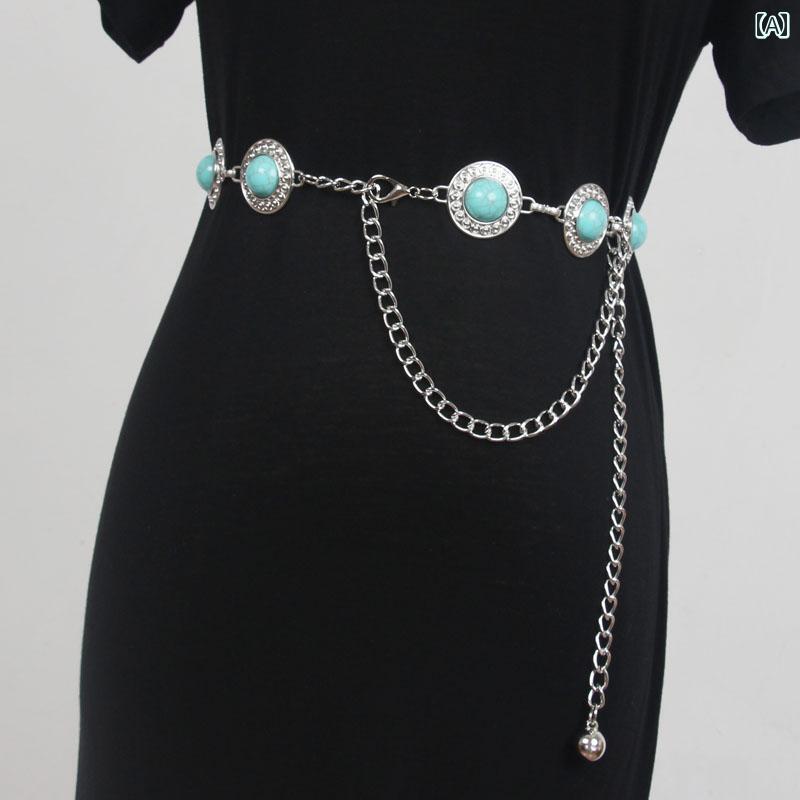 ベルト フェイク エメラルド 象嵌 ウエスト チェーン ラウンド スクエア シングル ループ レディース ファッション アクセサリー オールシーズン ベルト