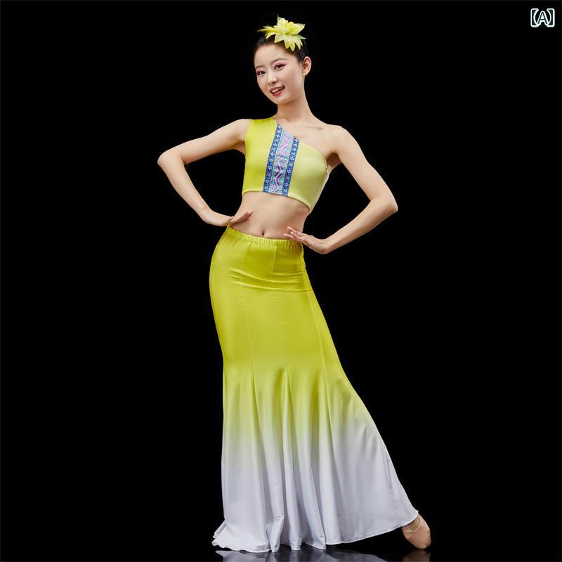 民族舞踊 コスチューム レディース 大人 キッズ 民族 舞踊 芸術 ダンス 衣装 パフォーマンス ワンショルダー スパンデックス レディース スカート 少女 ピーコック