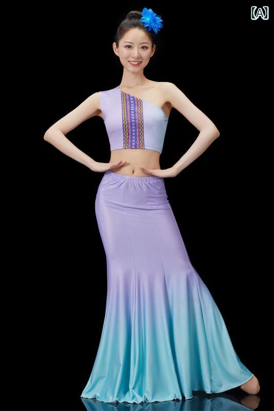 ダンス 衣装 レディース キッズ 民族 舞踊 芸術 パフォーマンス ワンショルダー スパンデックス レディース スカート 少女 ピーコック