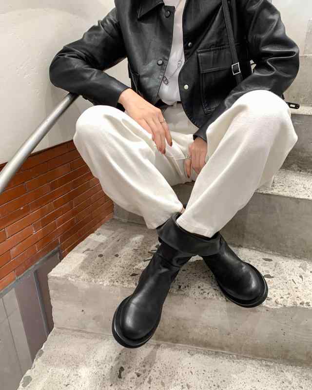 ブーツ スーパー ソフト カーフスキン 韓国 カフ 太いヒール ショートブーツ レディース ブーツ ローヒール ラウンドトゥ(4)