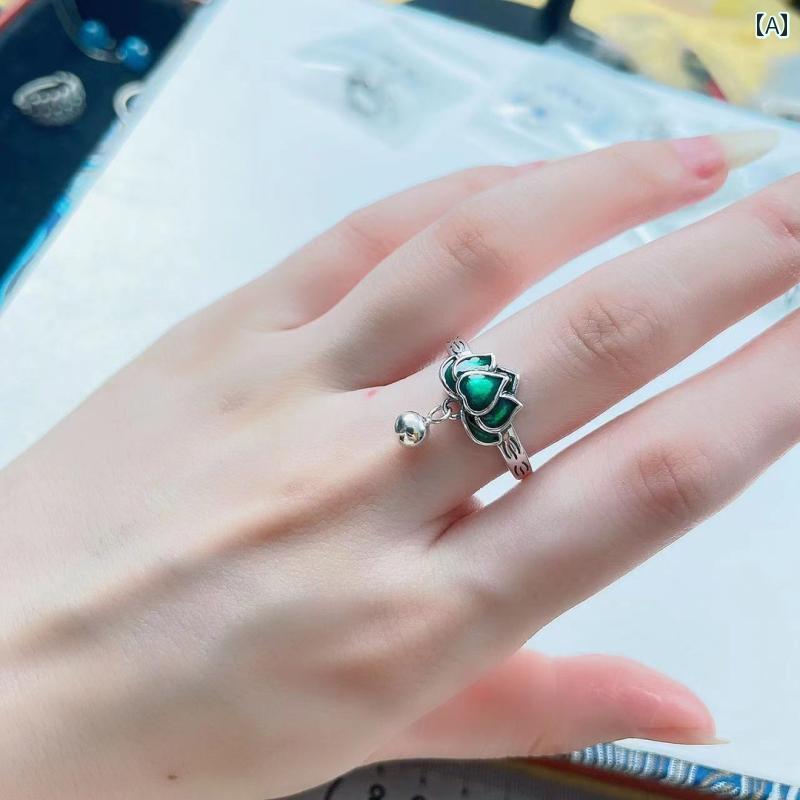 指輪 S925 スター リング シルバー グリーン ロータス タッセル レディース レトロ シンプル 人差し指 ..