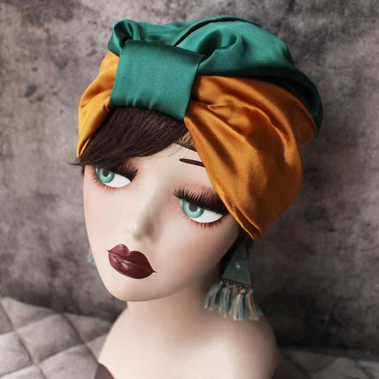 ターバン ハット アメリカ ファッションカラー ブロック サテン レトロ プルオーバーハット レディース 結び目 トゥ キャップ