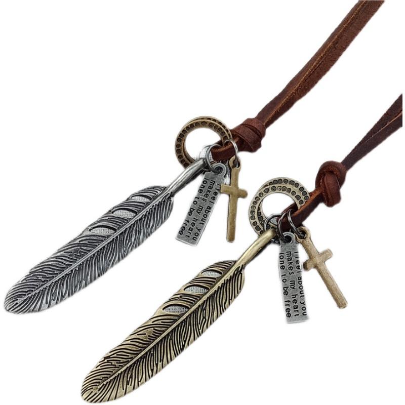 ネックレス アメリカ 合金 メンズ カップル ロング 牛革 ロープ フェザー ペンダント レトロ エスニック セーター チェーン アクセサリー