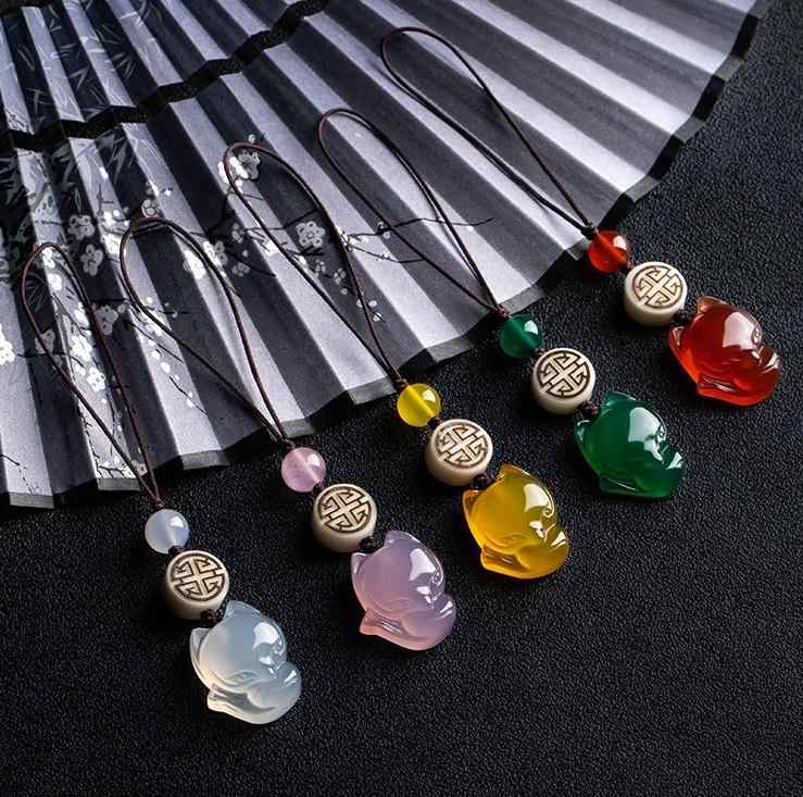 ペンダント レトロ 王 桃の花 リトル フォックス 携帯電話 チェーン カルセドニー ペンダント バッグ ..