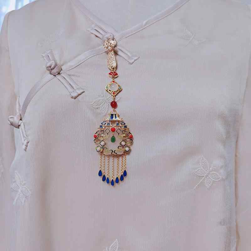 ブローチ レトロ プレス フェイク 河天 翡翠 金メッキ チャイナ オブリーク 漢服 レトロ アクセサリー ..