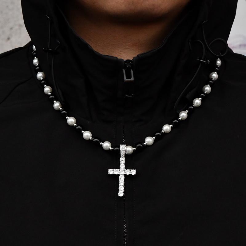 ネックレス かっこいい 黒 白 パール クロス ネックレス レトロ トレーナー チェーン アメリカ ユニセ..