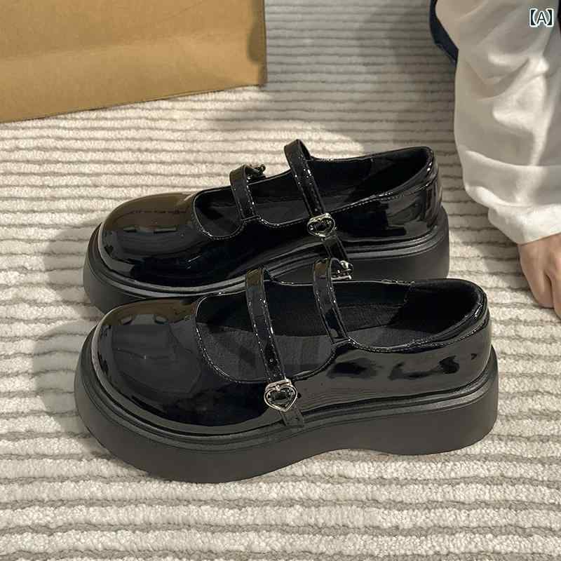 レディース シューズ ラウンドトゥ レトロ カレッジ 厚 スモール レザーシューズ 秋 黒 フレンチ メリージェーンシューズ ミドルヒール PU