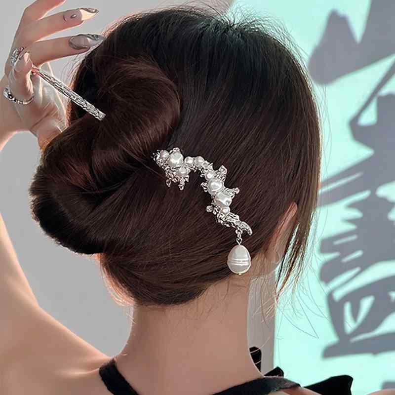 ヘアアクセサリー チャイナ風 メタル プリーツ パール ヘアピン モダン ヘアピン クール かんざし ドレスアップ 揺れる エレガント