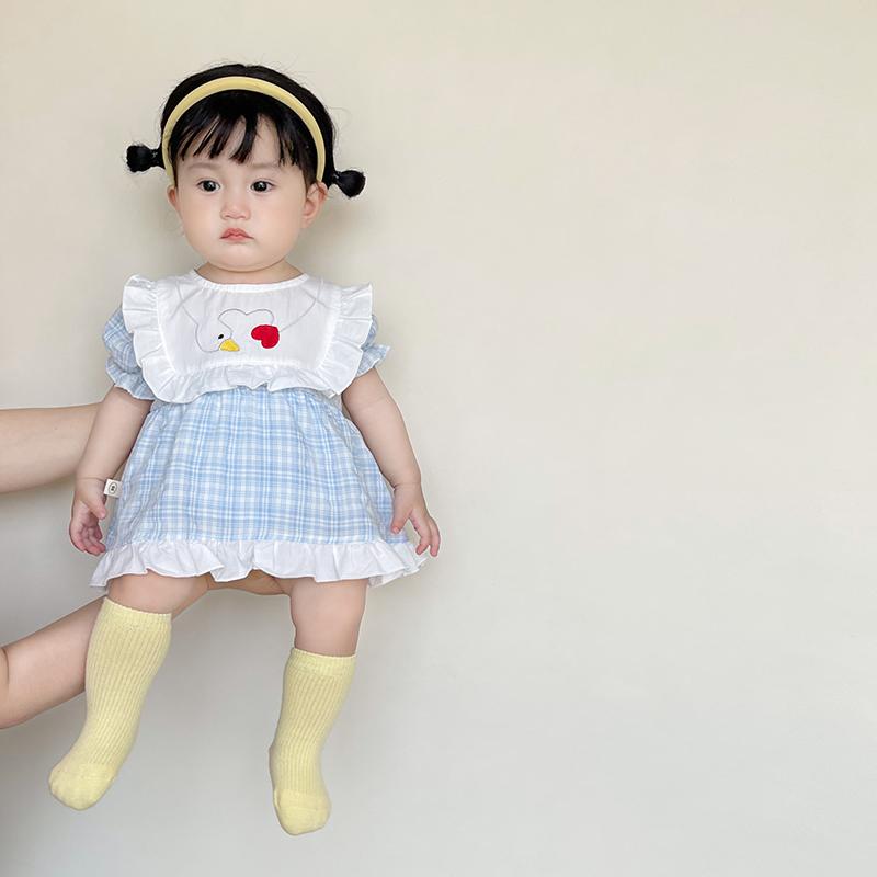 ベビー 夏服 かわいい スーパー プリンセス スカート ガール ベビー スイート 夏 薄手 断面 ハーネス 半袖 チェック ライトブルー