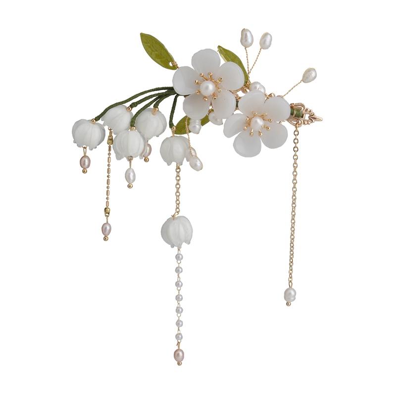漢服 ヘアアクセサリー タッセル スズラン フラワークリップ ヘアピン アンティーク 釉薬 花 後頭部 フェアリー サイド ヘッドバンド パール