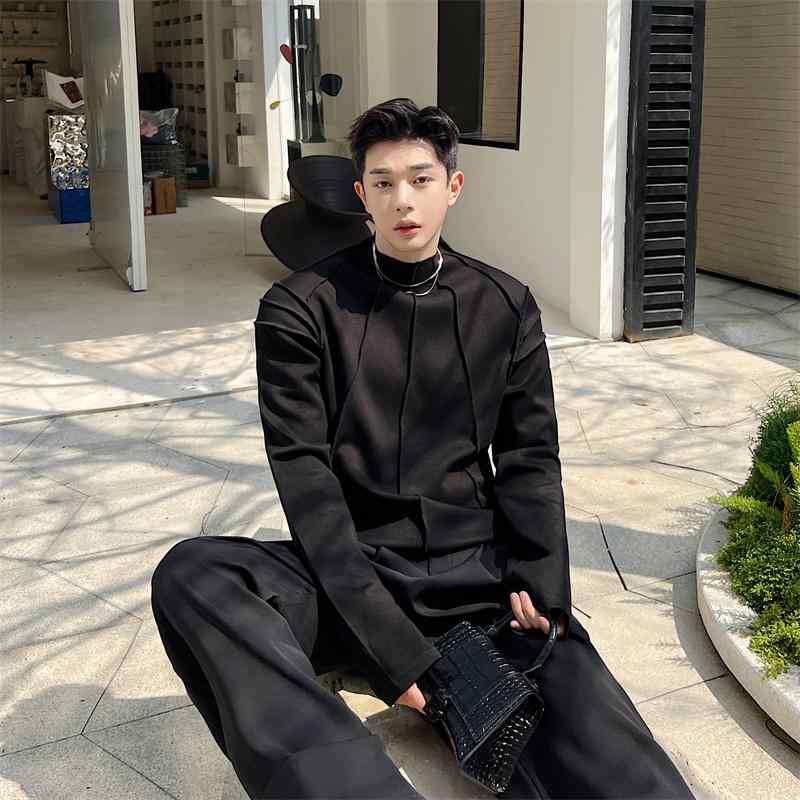 シャツ トップス メンズ メンズ ラウンドネック プルオーバー レギュラースリーブ 秋 レジャー サイドシームポケット シルエット ライン 韓国