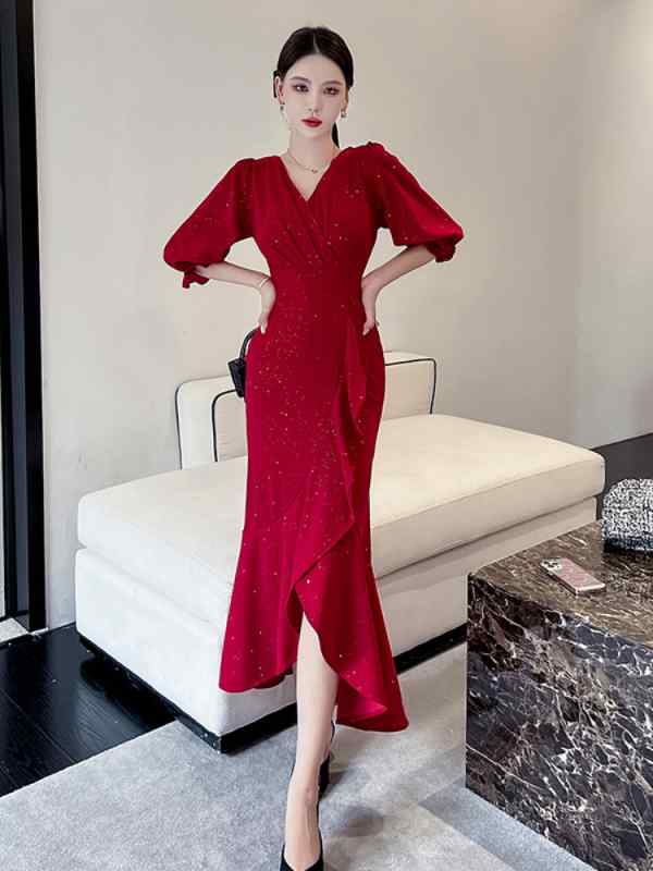 ドレス レディース フィッシュテール バーガンディィ ドレス レディース イブニングドレス レディース スリム 花嫁 淑やか パーティー 光沢 ウェディングドレス レディース ハイウエスト フィッシュテール