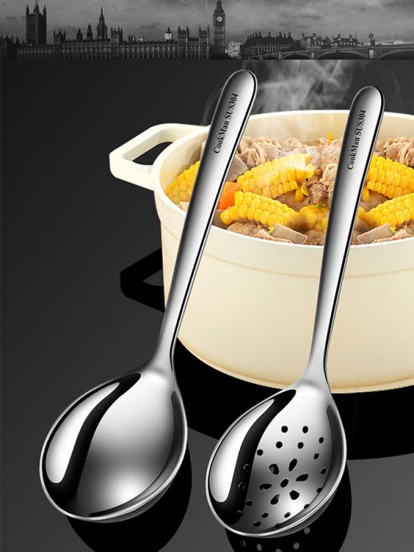 304ステンレス スープ スプーン 家庭 キッチン レストラン レンゲ レードル 穴あき スプーン 鍋 フライ..