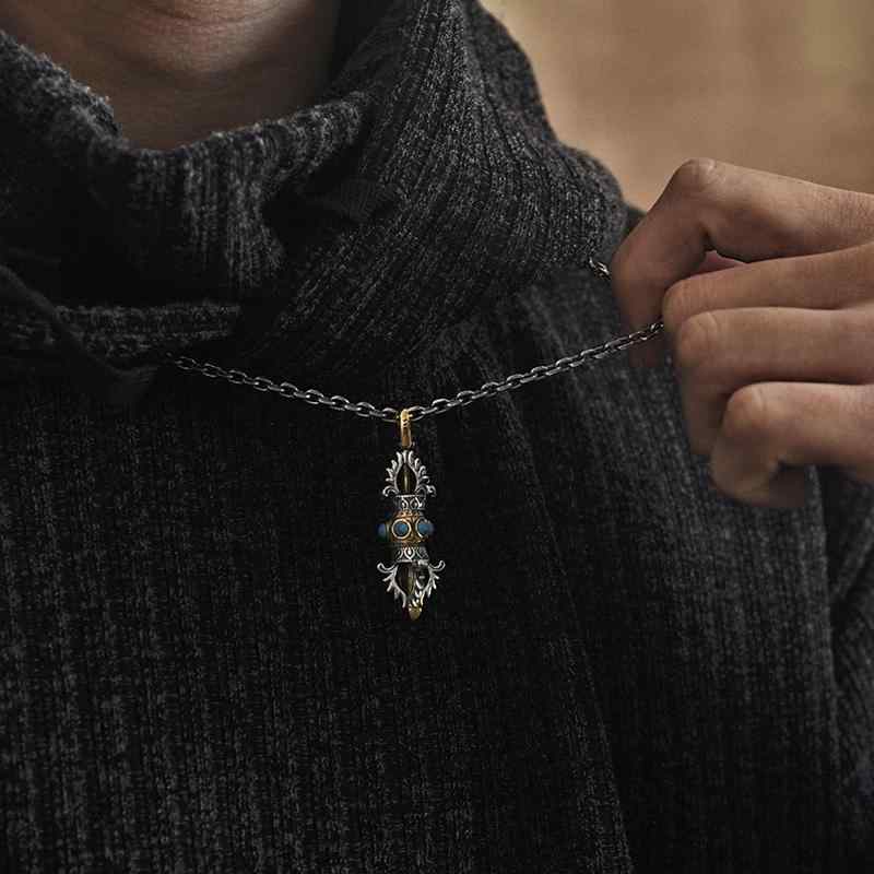 ペンダント かっこいい スター リング シルバー 金剛 杵 魔法 乳 棒 回転可能 吉祥 ペンダント 真鍮 ターコイズ 象嵌 キーホルダー