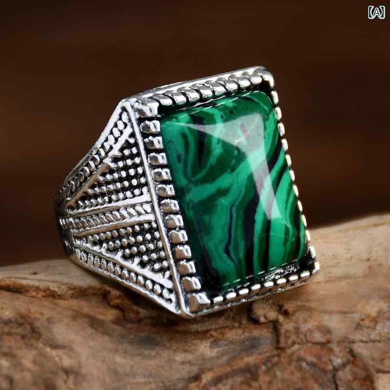指輪 メンズ レディース 正方形 半貴石 マラカイト リング ファッション レトロ 幸運 ヘッド アクセサリー