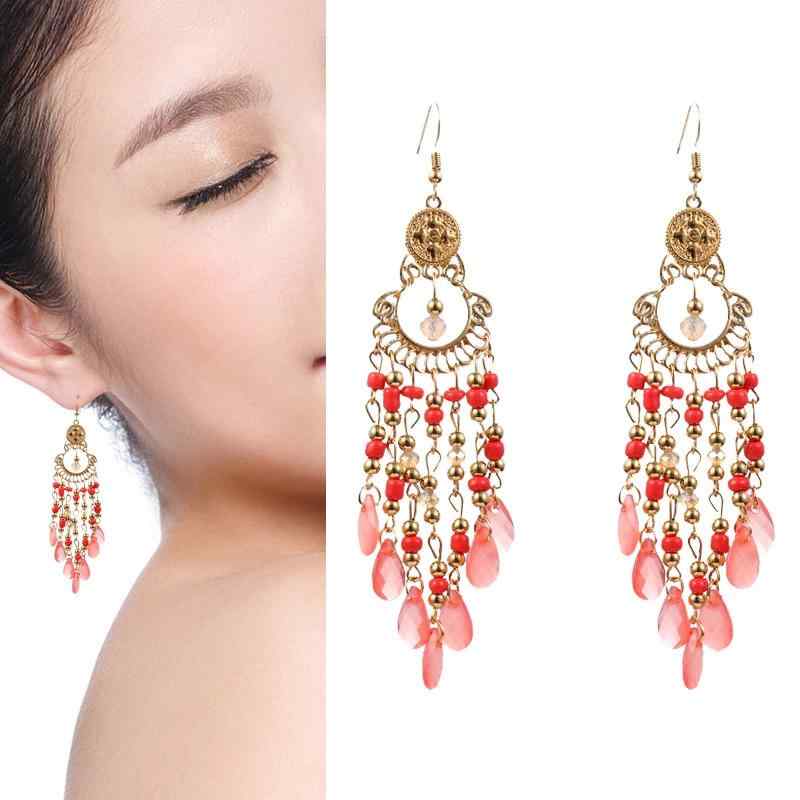 ピアス ボヘミアン エスニック カラフル 水滴 タッセル イヤリング ライス ビーズ アメリカ ファッション ペンダント ジュエリー レディース
