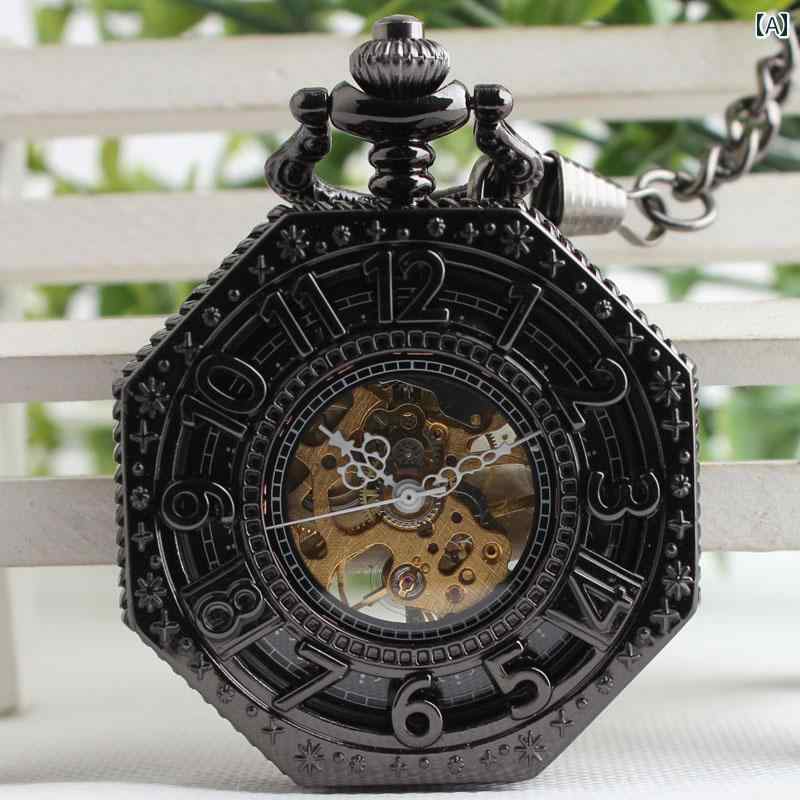 懐中時計 吊り時計 八角形 ポリゴン タングステン 鋼 オール ブラック 機械式 レトロ ペンダント ウォッチ 菱形 ローマ アラビア