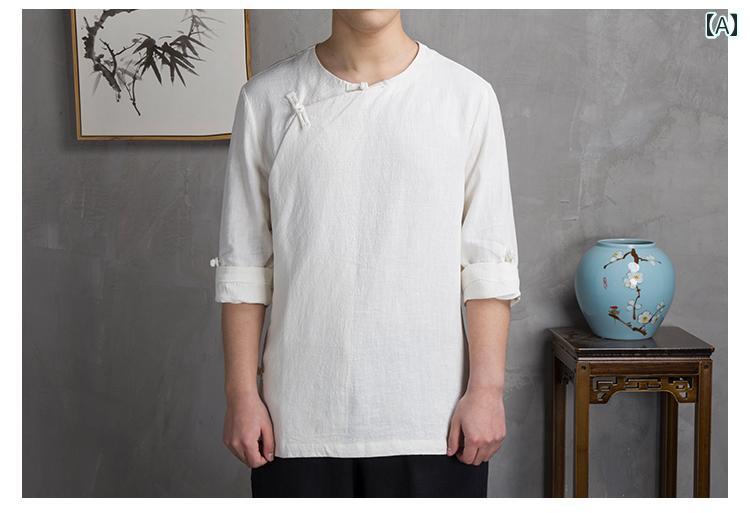 Other - チャイナ風 メンズ リネン 七分袖 Tシャツ レトロ 唐装 漢服 大きめサイズ エスニック 綿 リネン プレート ボタントップス