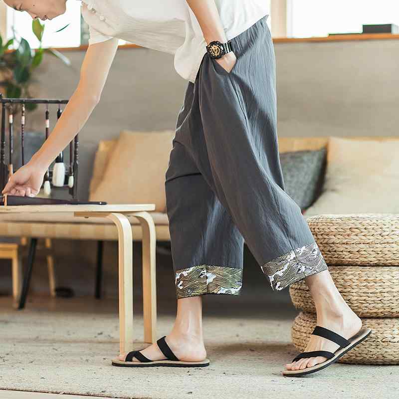 麻, 亞麻 - チャイナ風 綿 リネン クロップドパンツ レトロ 大きめサイズ ストレート ワイドレッグパンツ カジュアル ショートパンツ リネン ランタンパンツ
