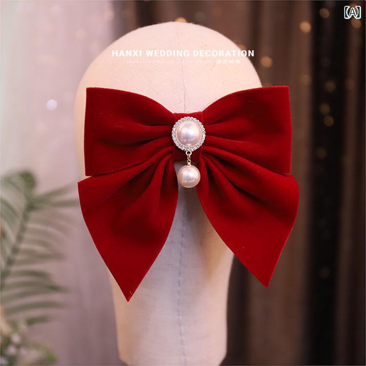 ブライダルドレス 頭飾り レトロ ワイン レッド 起毛 布 リボン ヘアピン イヤリング ネックレス ウェ..