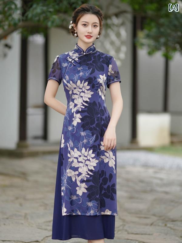 China Dress - チャイナドレス レディース パフォーマンス 撮影 薄手 チャイナ エレガント シンプル レトロ 中華風 民族衣装 パーティドレス