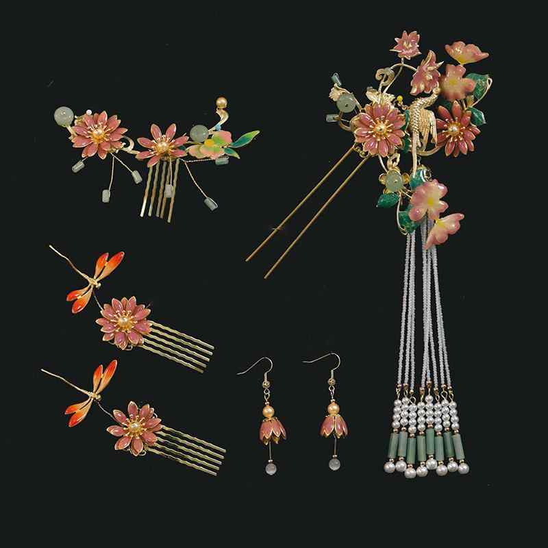 ヘア アクセサリー 花 中国風 チャイナドレス ヘアピン 花嫁 ウェディング アクセサリー ヘアメイク 写真撮影 ピアス